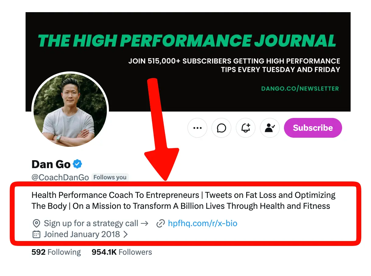 Example of a Twitter bio that puts a concrete value claim, proof, and personality marker into 160 characters.